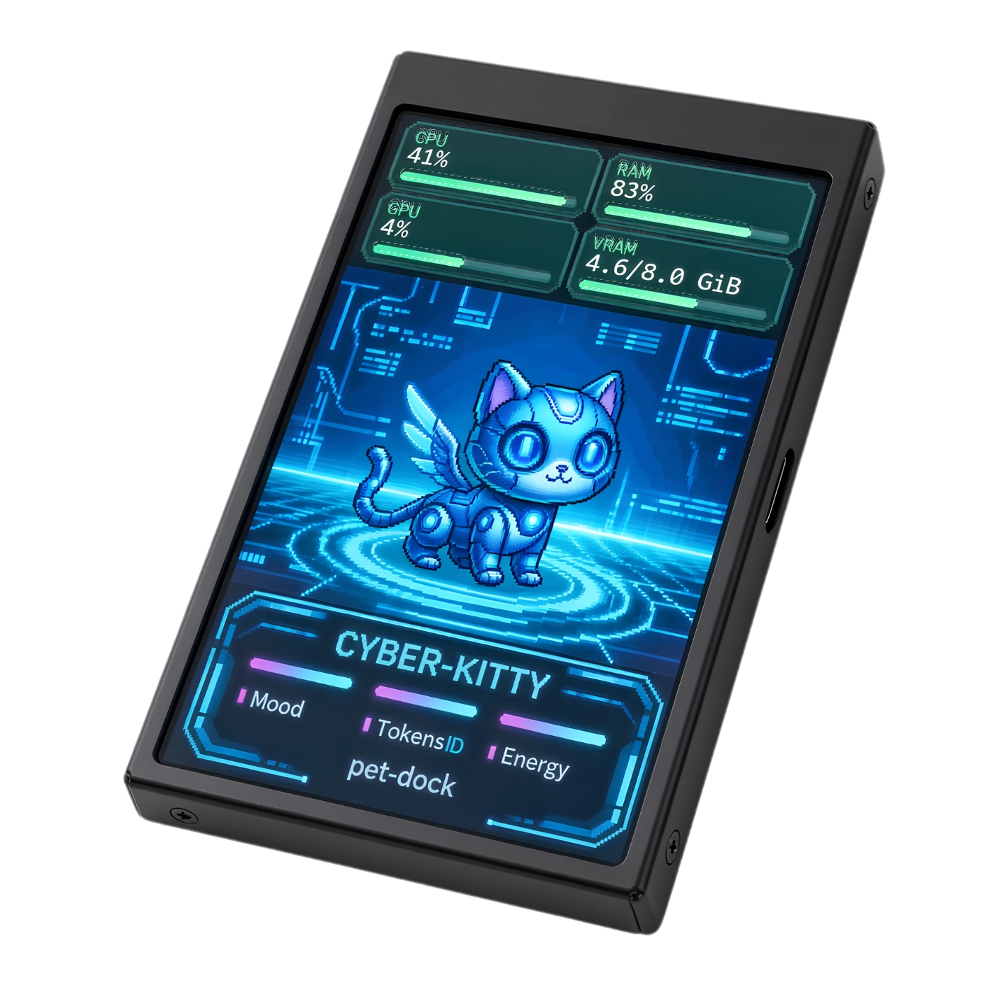 Illustrative USB display with a blue Cyber-Kitty robotic cat and sample statistics