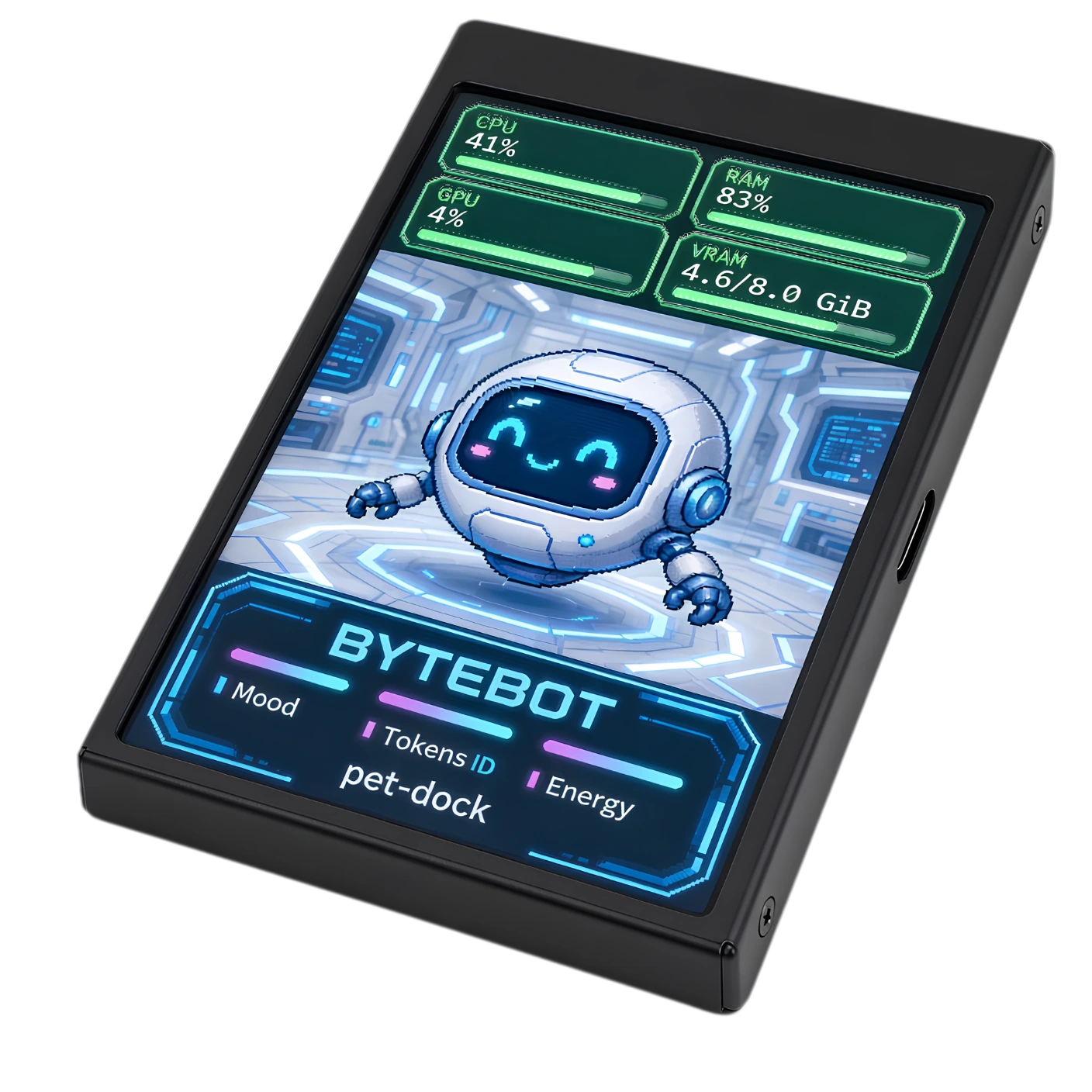 Illustrative USB display with a white Bytebot companion, light futuristic background and sample statistics